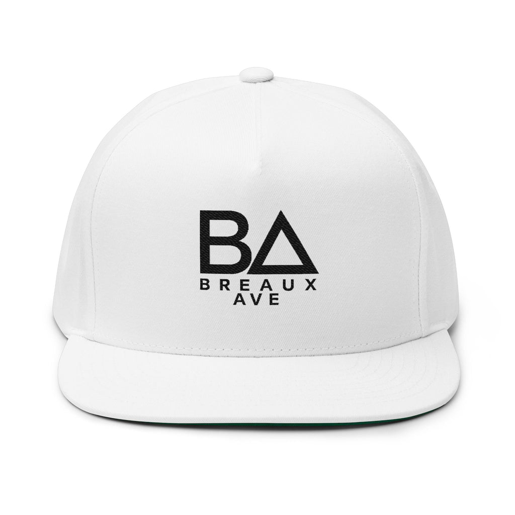 Flat Bill Cap — Embroidered 'BA Breaux Ave' White Logo Snapback Hat