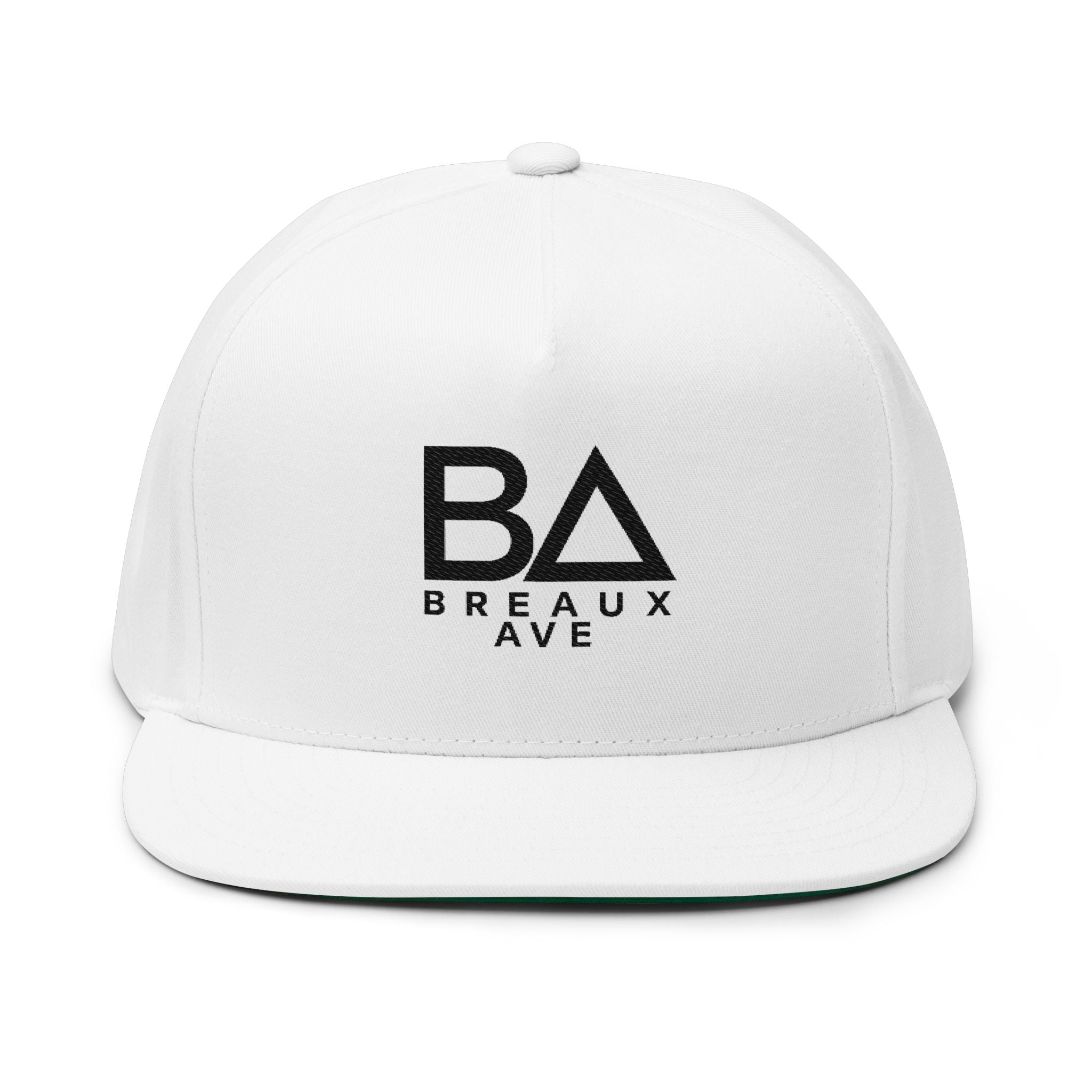 Flat Bill Cap — Embroidered 'BA Breaux Ave' White Logo Snapback Hat